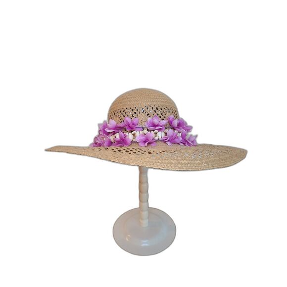 Vintage Raffia Straw Sun Hat Open Cane Weave Round Crown Wide Brim Shell Band - Picture 1 of 10